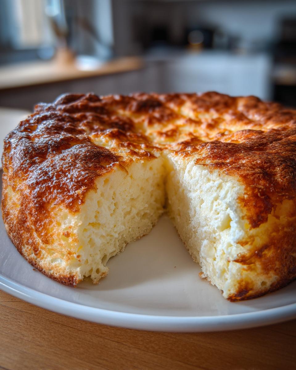 A freshly baked, round cloud bread with a deeply golden brown, slightly crispy top and a light, airy interior.
