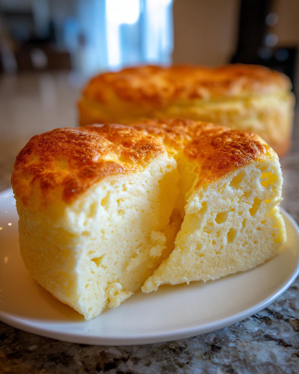 Close-up of a thick slice of fluffy cloud bread showing its airy, porous interior and golden-brown top.