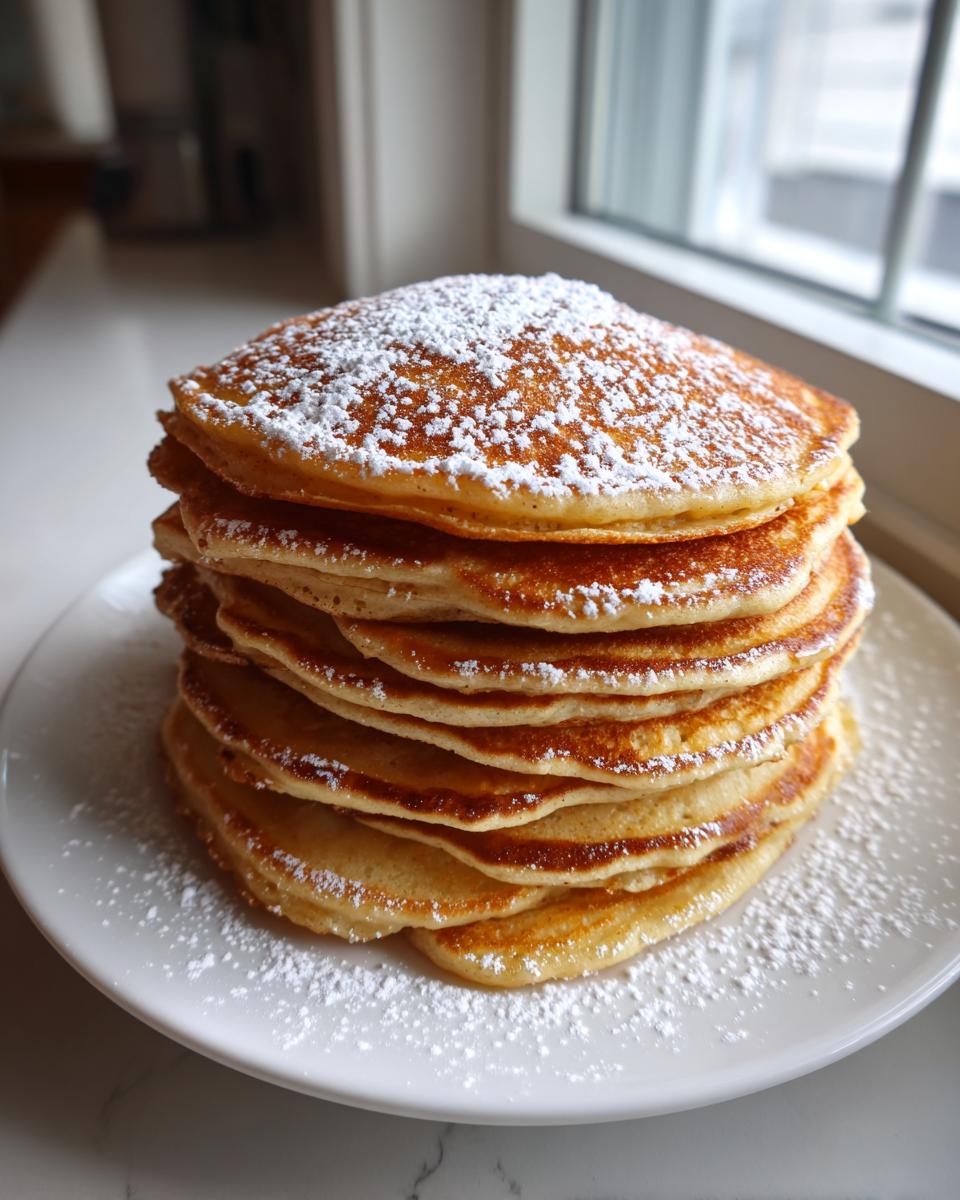 A tall stack of golden brown coconut flour pancakes dusted generously with powdered sugar on a white plate.