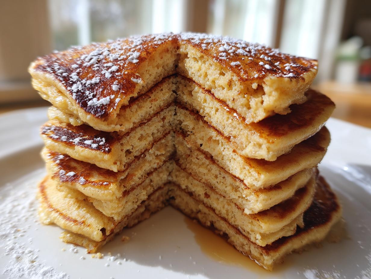 A tall stack of thick coconut flour pancakes, cut to show the fluffy interior, dusted with powdered sugar.