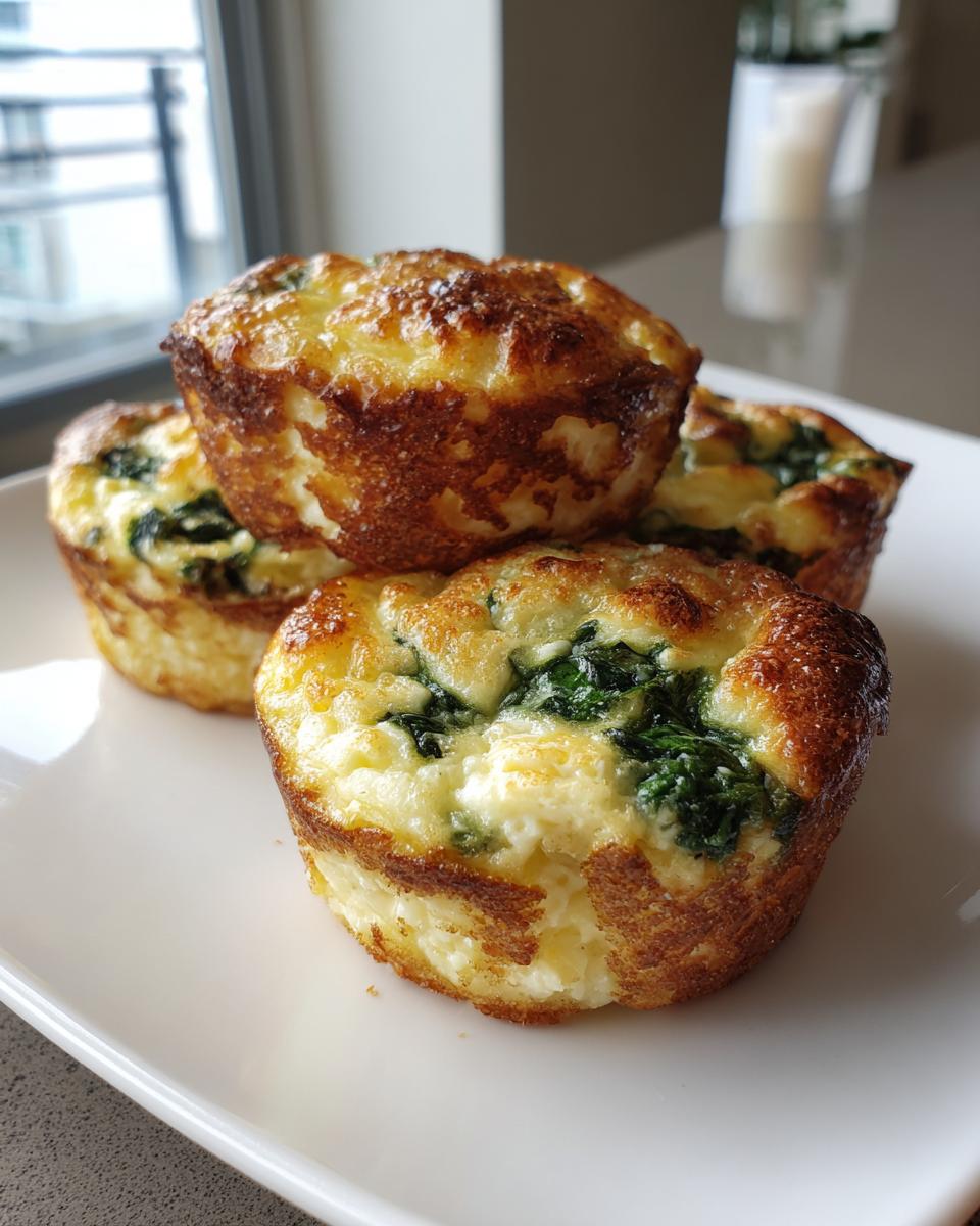 Four golden-brown, fluffy egg bites with visible spinach and cheese, stacked on a white plate.