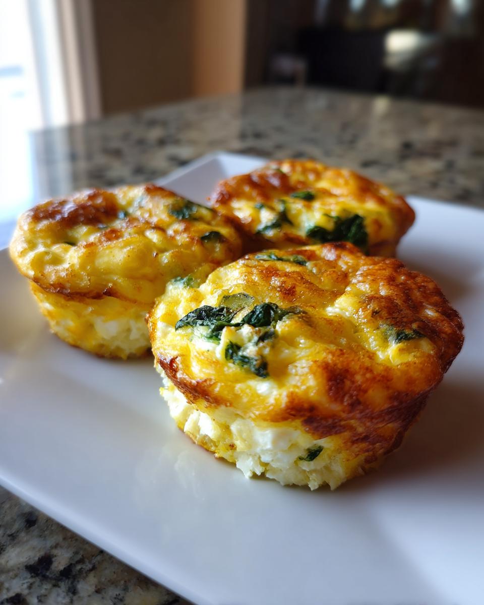Three golden brown, fluffy egg bites with visible spinach and cheese, served on a white plate.