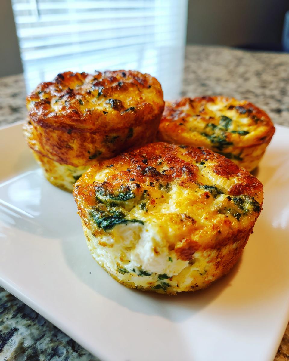 Three golden-brown, fluffy egg bites with visible spinach and cheese, served on a white plate.