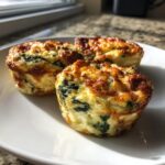 Three golden-brown, fluffy egg bites with visible spinach, served on a white plate.