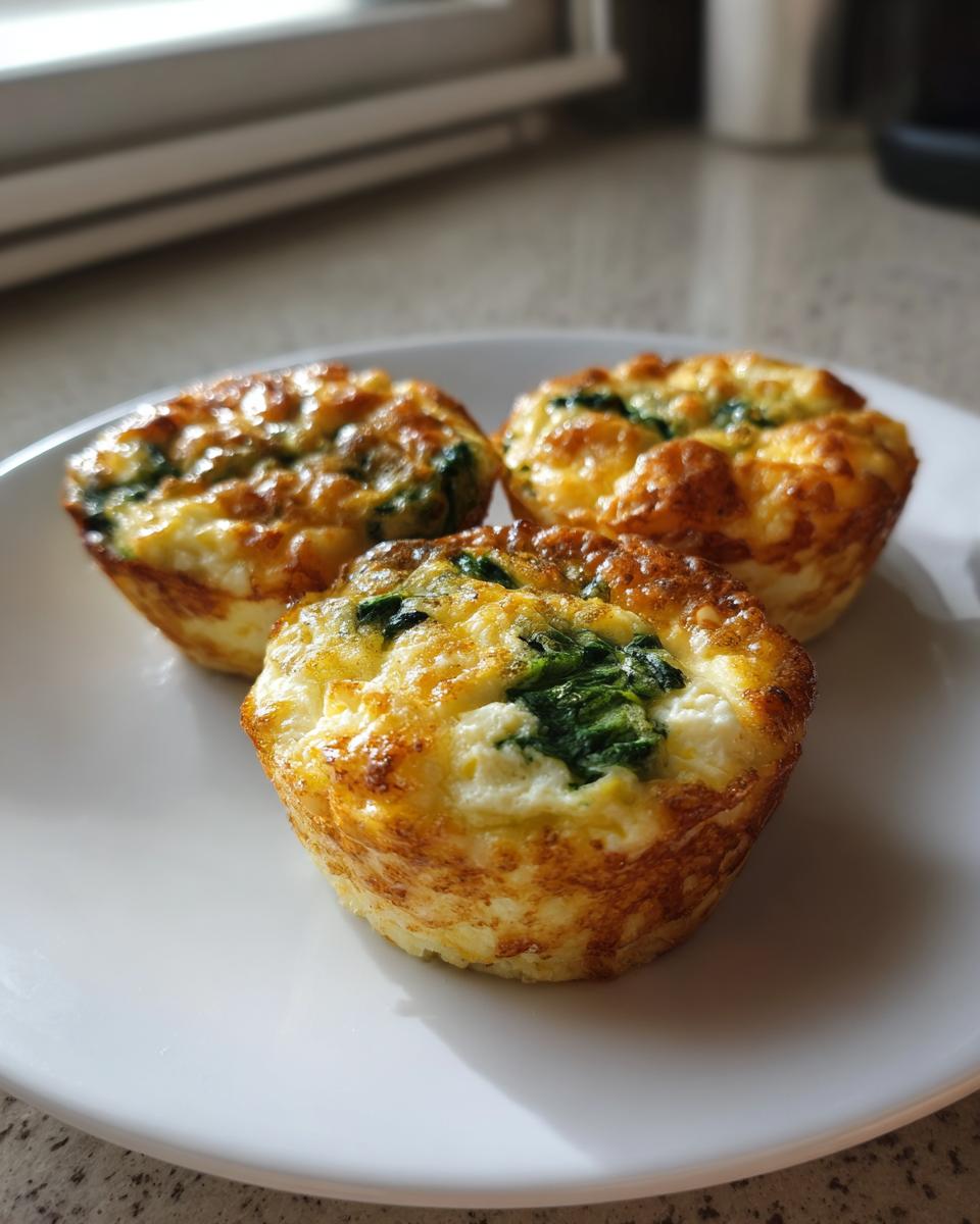 Three golden brown, fluffy egg bites with visible spinach baked in, served on a white plate.