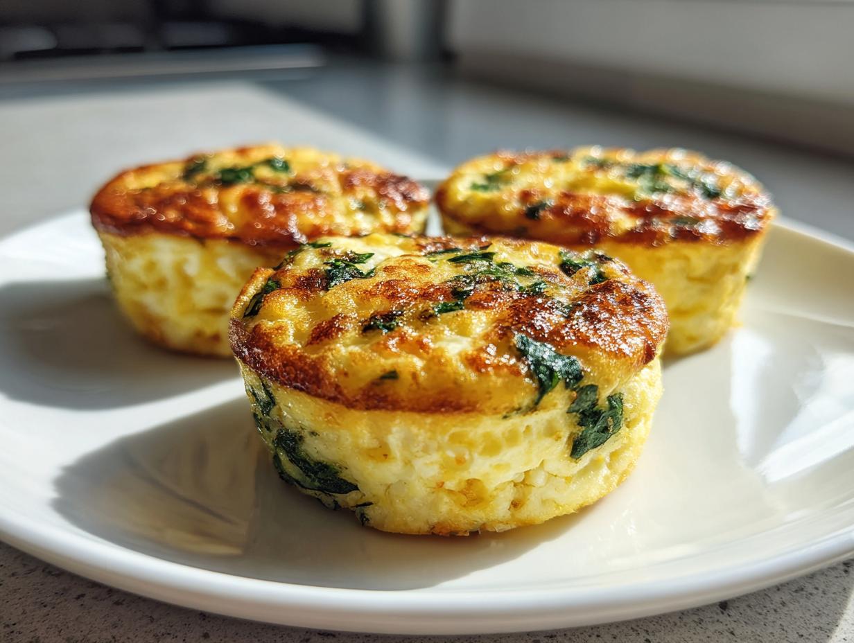 Three fluffy, golden-brown egg bites with visible spinach, served on a white plate.