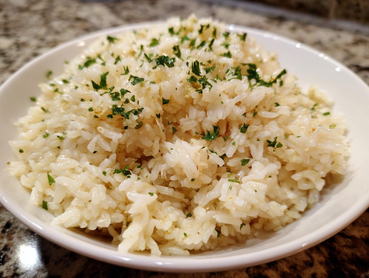 Close-up of fluffy white rice tossed in butter and topped with fresh parsley, our amazing garlic butter rice.