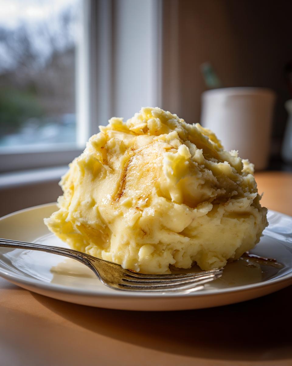 A generous scoop of creamy garlic mashed potatoes topped with melted butter on a white plate with a fork.