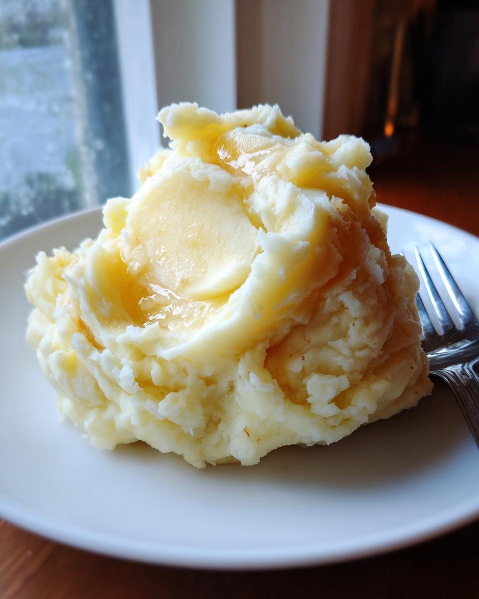 A serving of fluffy garlic mashed potatoes topped with a melting pat of butter on a white plate.