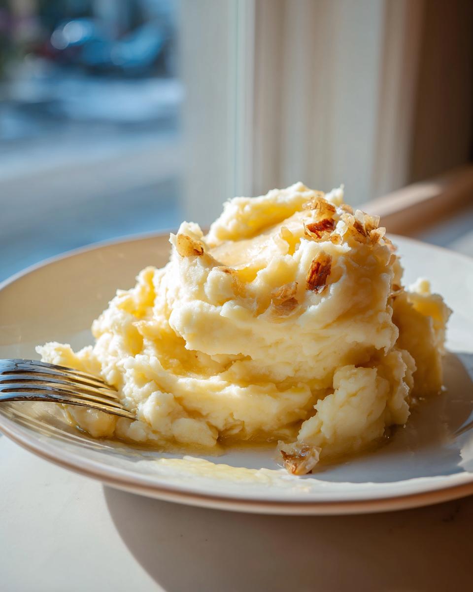A mound of creamy garlic mashed potatoes topped with melted butter and crispy roasted garlic bits on a white plate.