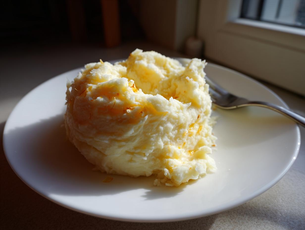 A scoop of creamy garlic mashed potatoes with melted butter pooling on a white plate, next to a fork.