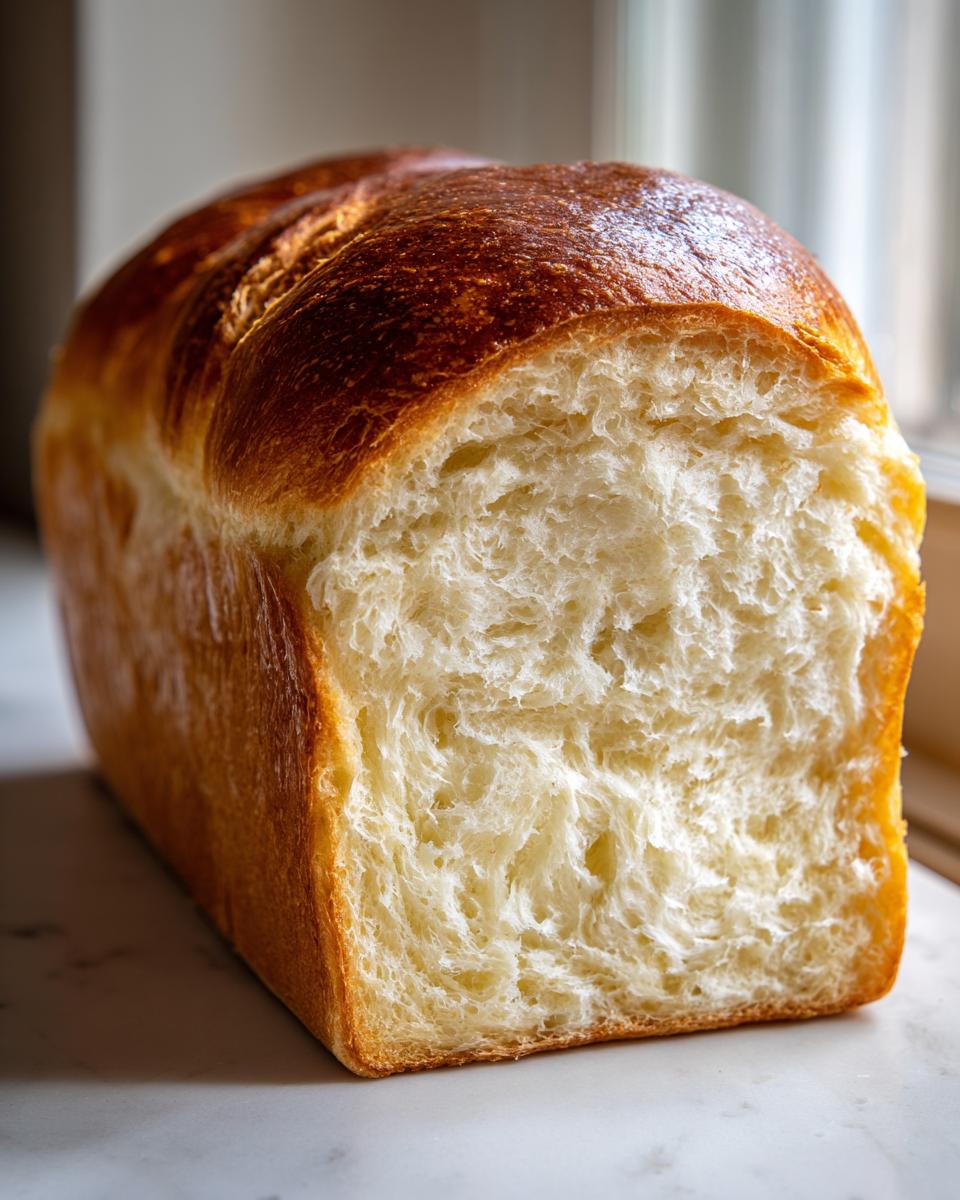 Close-up of a freshly baked milk bread loaf showing its extremely soft, white, and fluffy interior crumb structure.
