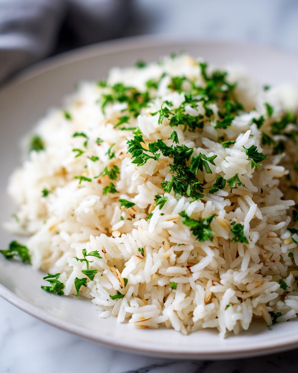 Close-up of a serving of fluffy white rice pilaf recipe topped with fresh chopped green parsley.