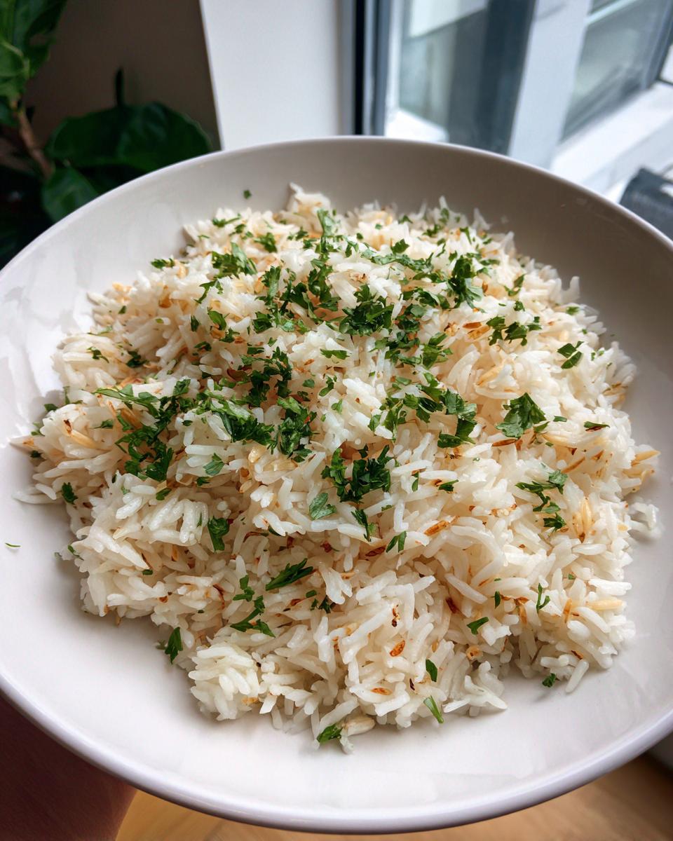 A white bowl filled with fluffy rice pilaf recipe, featuring toasted pasta and fresh chopped parsley garnish.