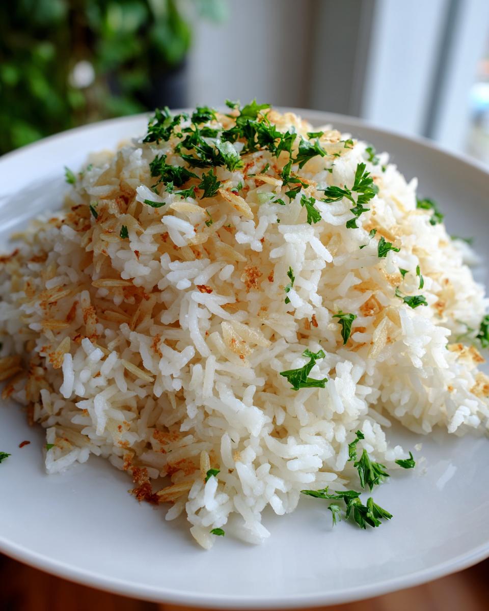 A mound of fluffy white rice pilaf recipe garnished with toasted vermicelli and fresh chopped parsley on a white plate.