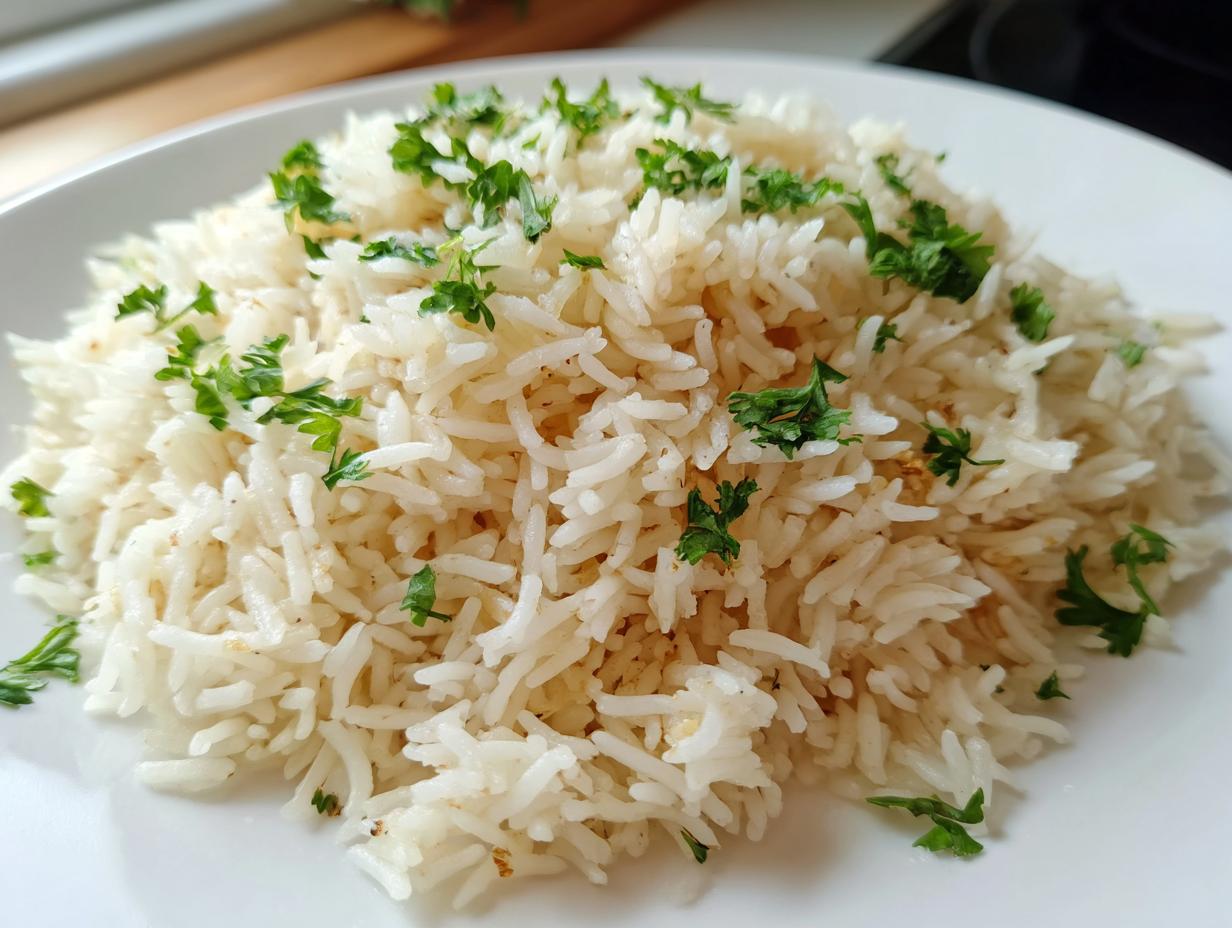 Close-up of a mound of fluffy white rice pilaf recipe topped with fresh green chopped parsley on a white plate.