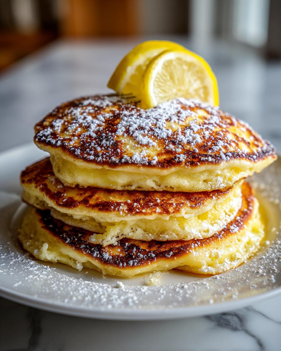 A tall stack of fluffy ricotta pancakes dusted with powdered sugar and topped with lemon slices.