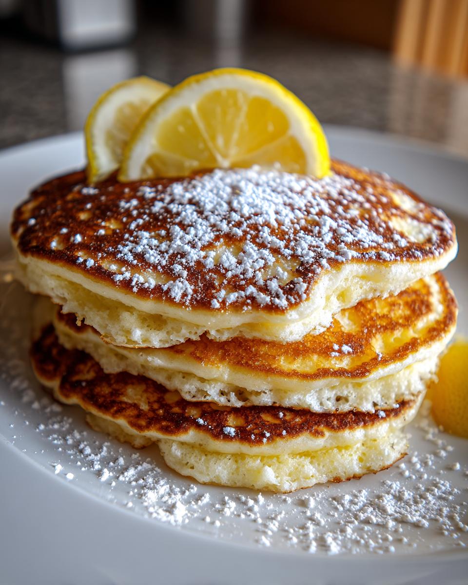 A stack of four fluffy ricotta pancakes topped with powdered sugar and two lemon slices.