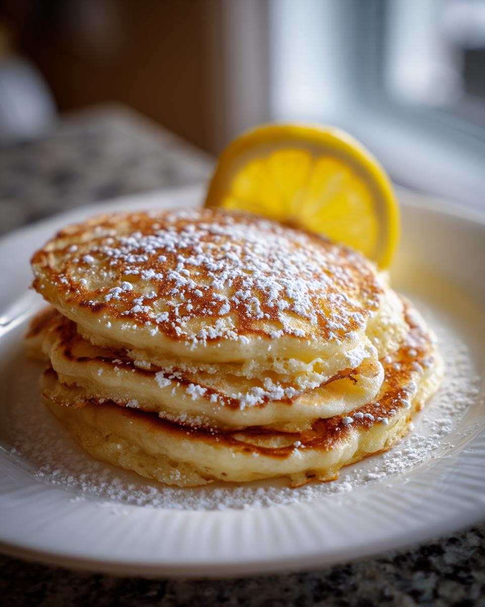 A stack of three fluffy ricotta pancakes dusted heavily with powdered sugar, garnished with a lemon slice.