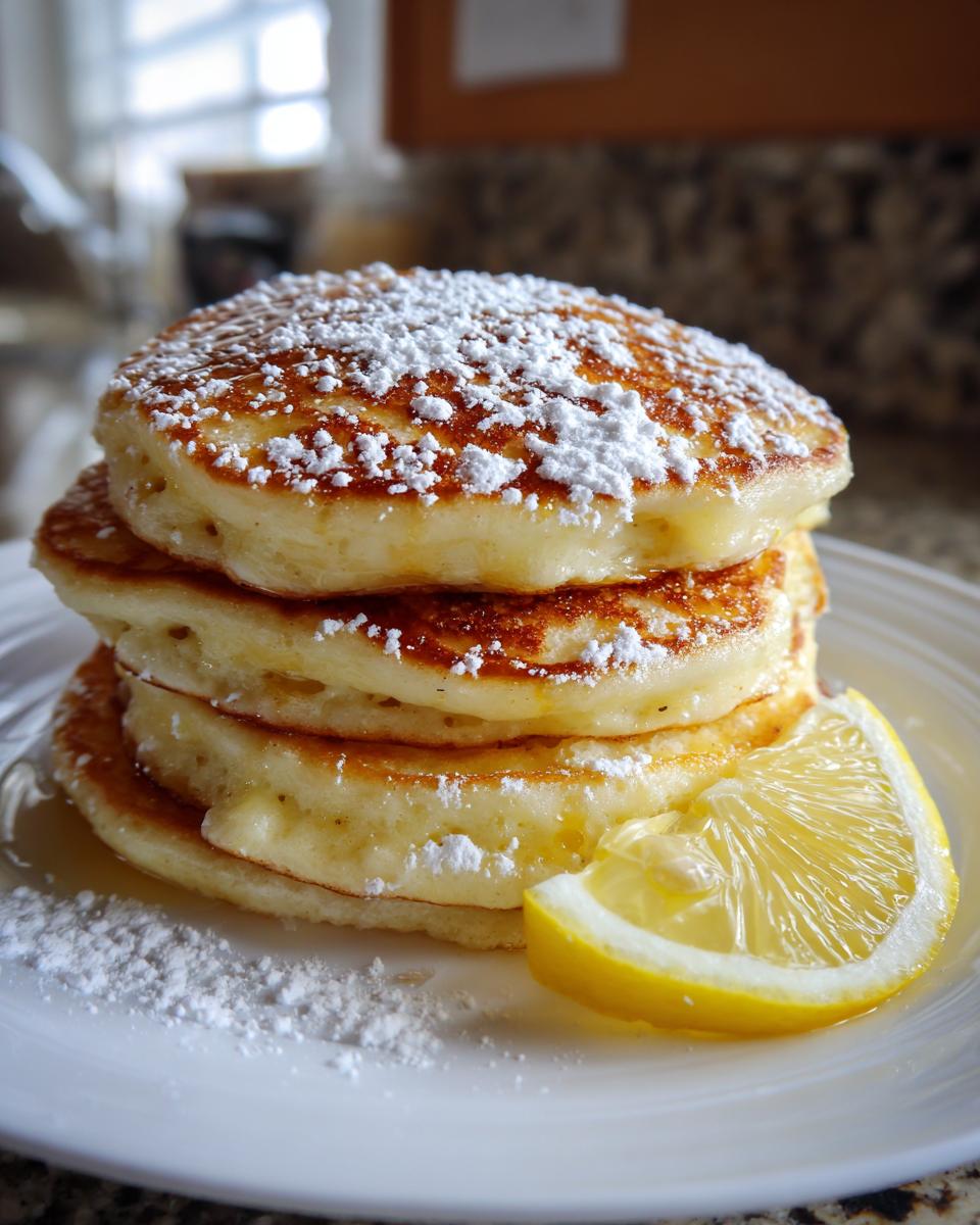 A tall stack of fluffy ricotta pancakes topped with powdered sugar and served with a fresh lemon wedge.