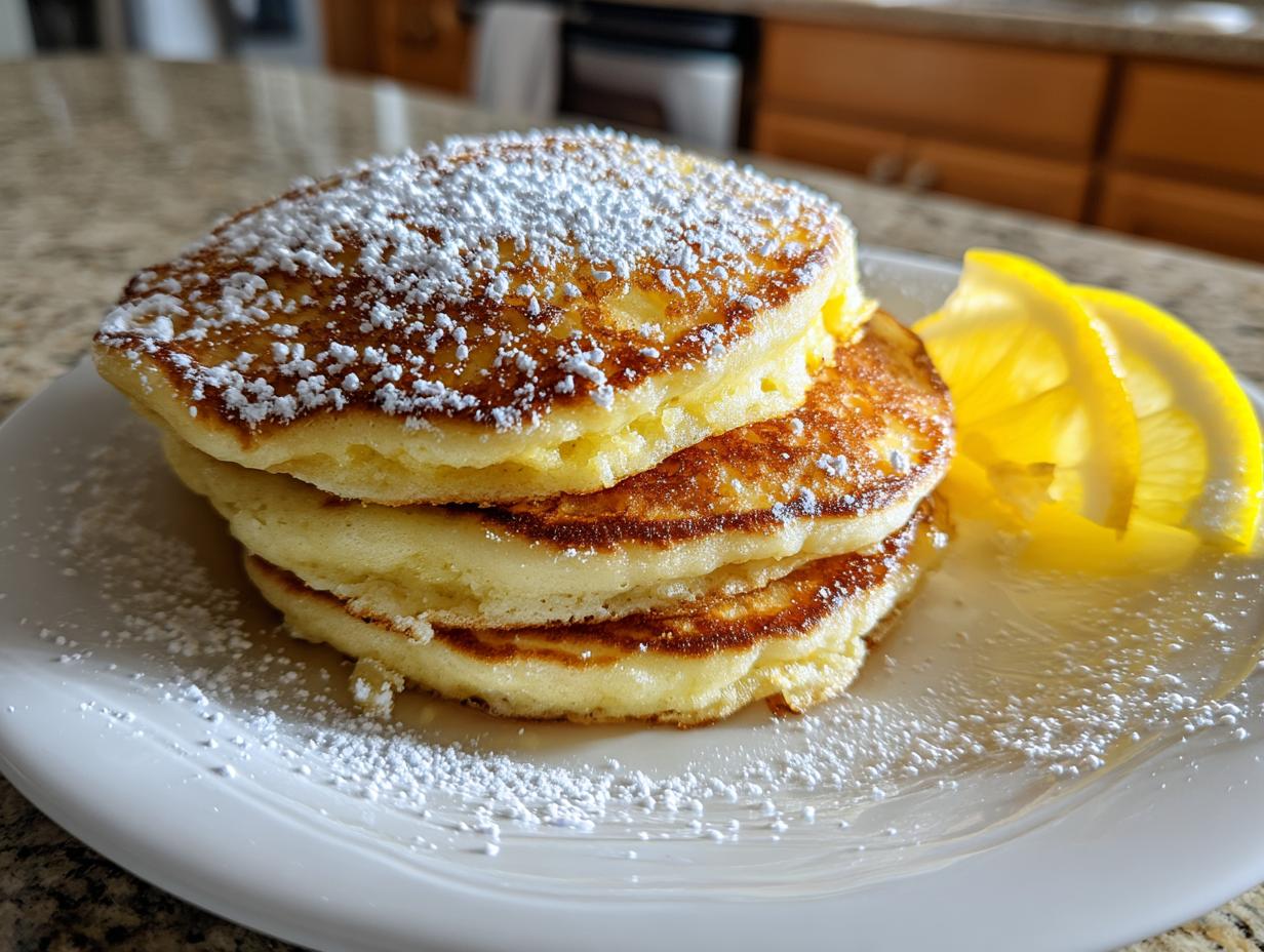 A stack of three fluffy ricotta pancakes dusted heavily with powdered sugar, served with lemon slices.