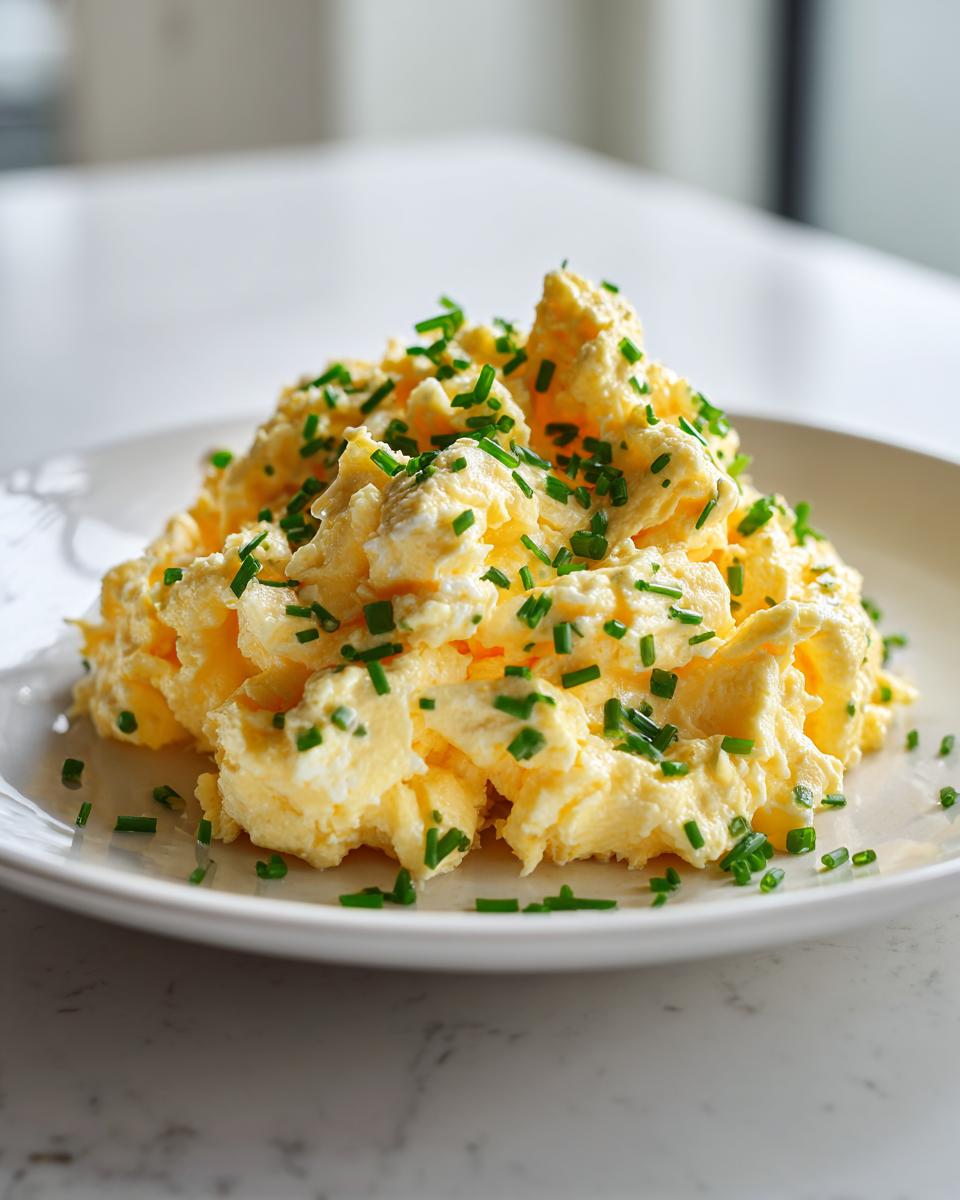 A mound of perfectly fluffy scrambled eggs garnished generously with bright green chopped chives on a white plate.