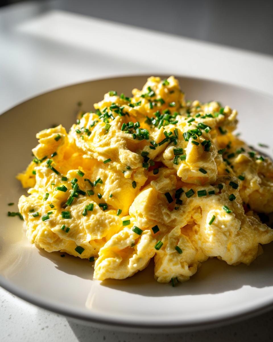 A close-up of perfectly fluffy scrambled eggs garnished generously with bright green chopped chives.