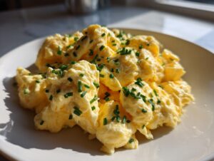 Close-up of creamy, fluffy scrambled eggs garnished generously with chopped green chives on a white plate.
