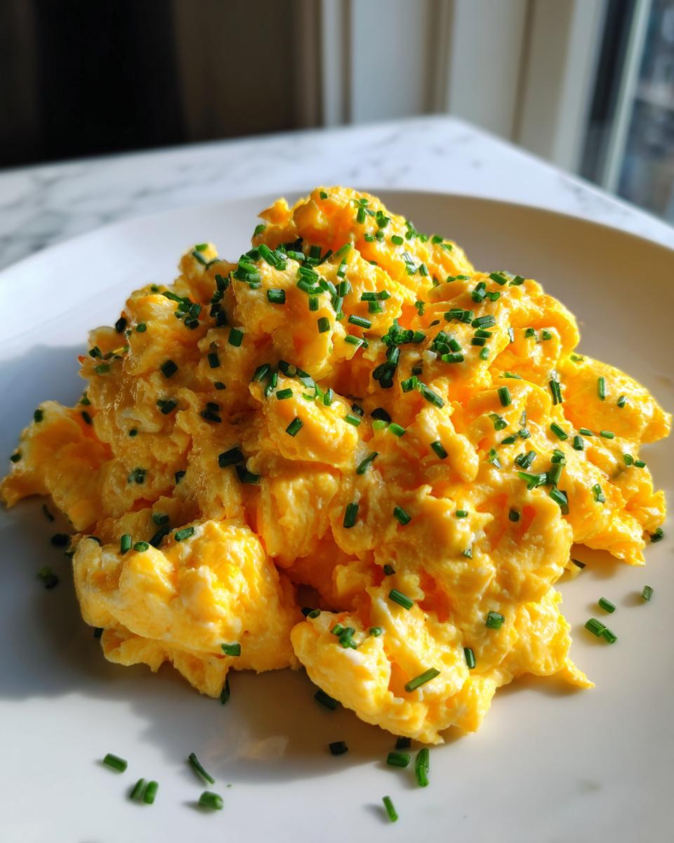 A mound of bright yellow, fluffy scrambled eggs garnished generously with chopped green chives on a white plate.