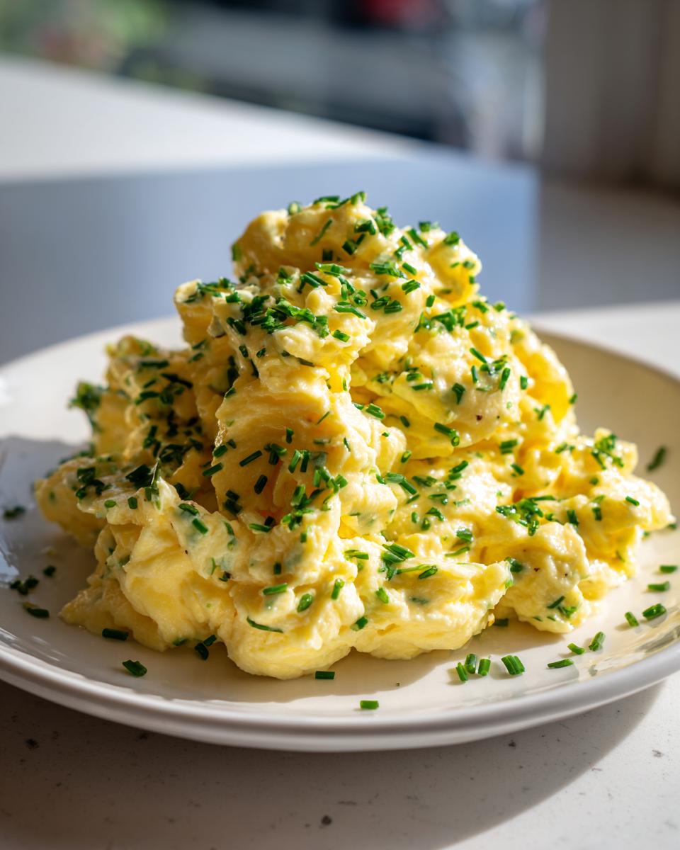 A mound of incredibly fluffy scrambled eggs generously garnished with chopped green chives on a white plate.