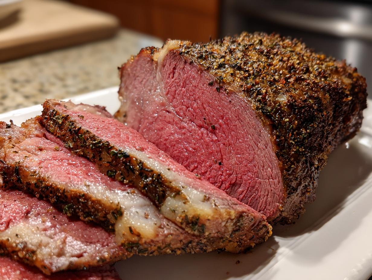 A close-up of a perfectly cooked medium-rare prime rib roast, sliced to show the rosy pink interior and herb crust.