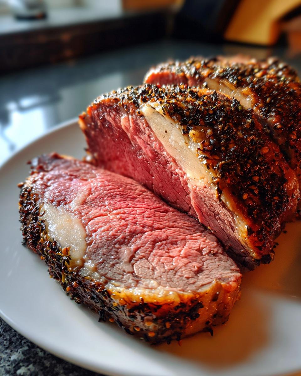 Close-up of thick slices of medium-rare prime rib roast with a dark, seasoned crust.