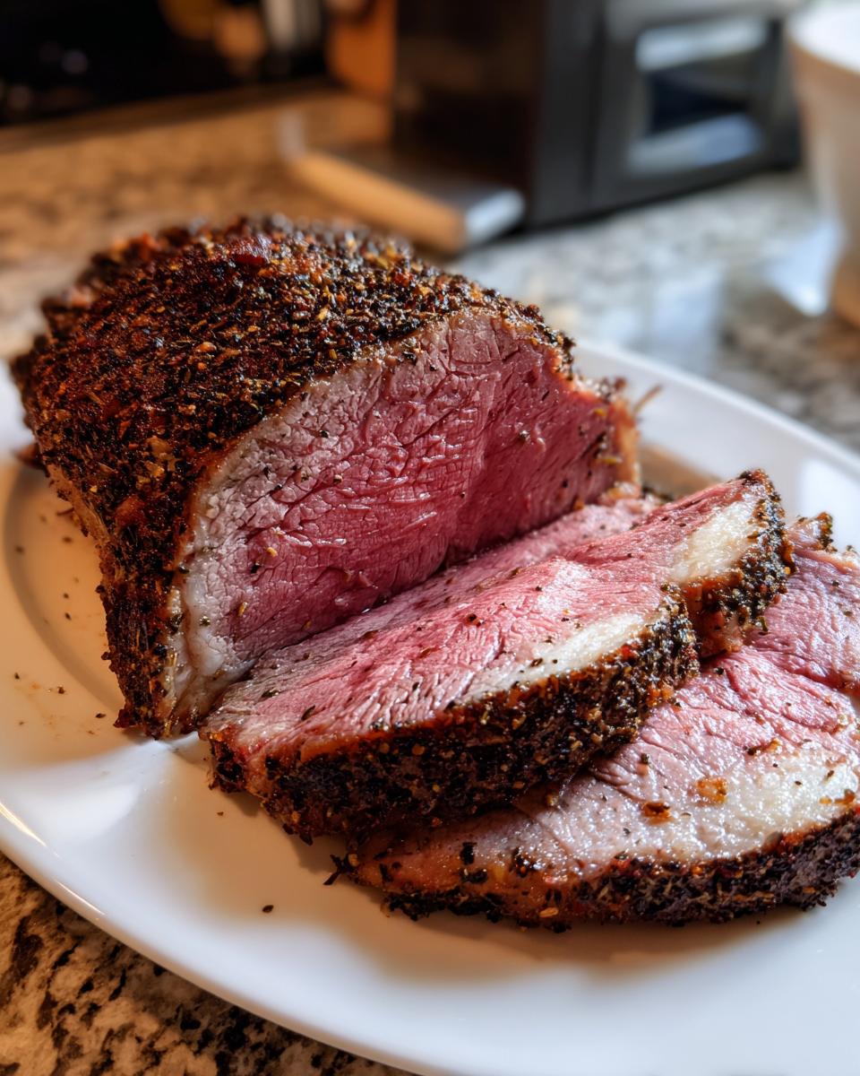 Close-up of a perfectly cooked prime rib roast, sliced to show medium-rare center and dark seasoned crust.