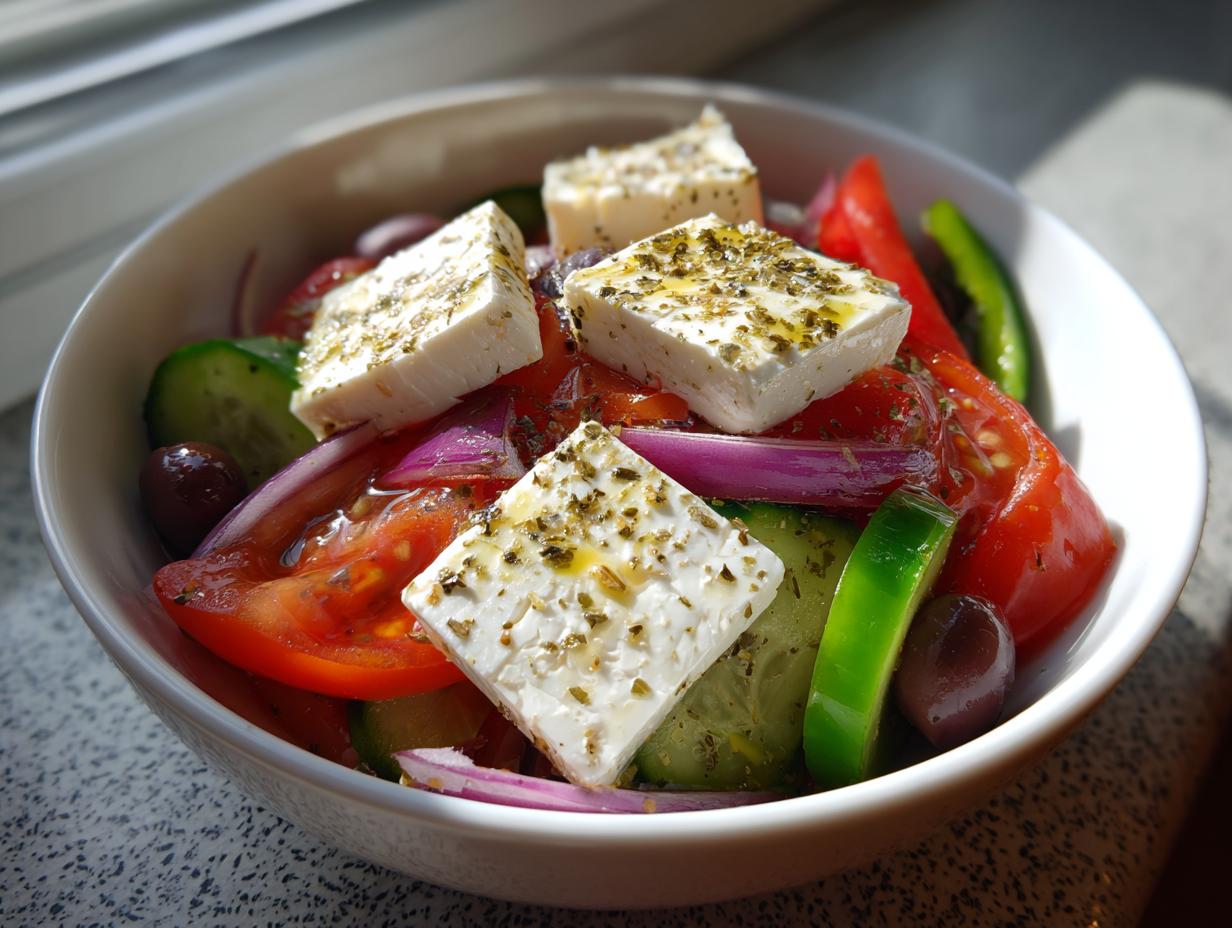 Close-up of a vibrant greek salad featuring large cubes of feta cheese drizzled with oil and herbs, tomatoes, cucumbers, and red onion.