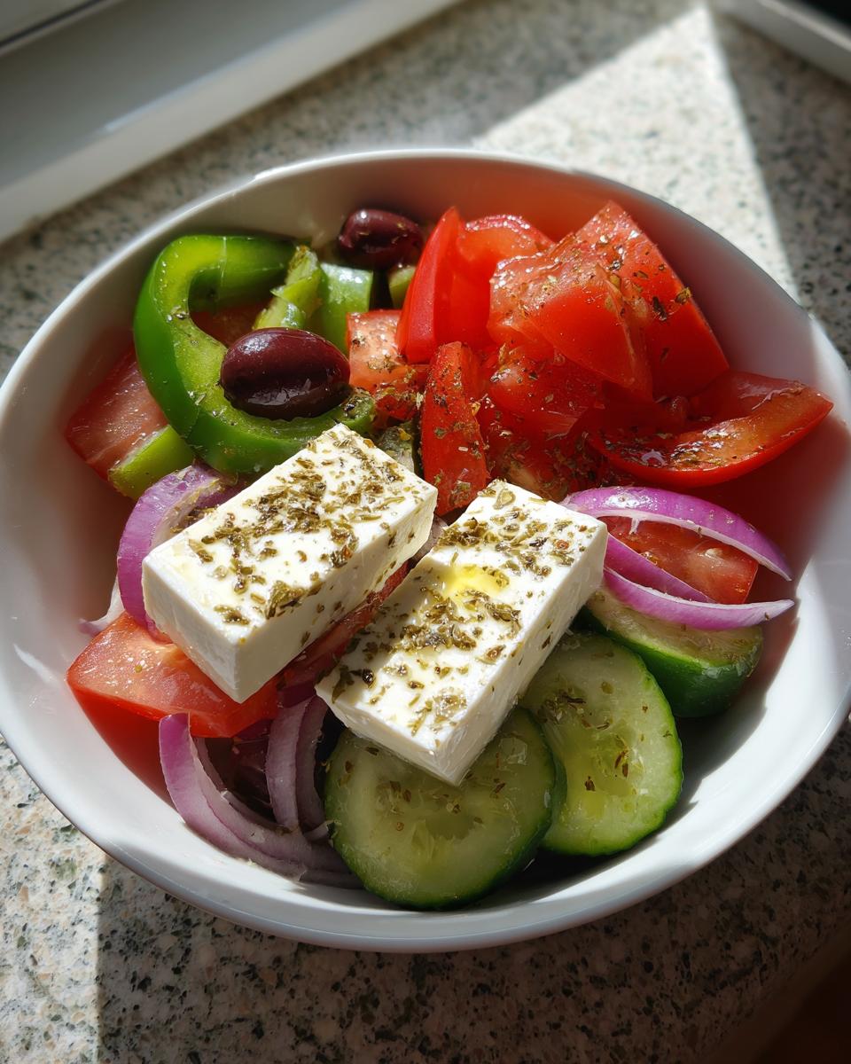 Close-up of a white bowl filled with fresh ingredients for a greek salad, featuring feta cheese blocks and chopped vegetables.
