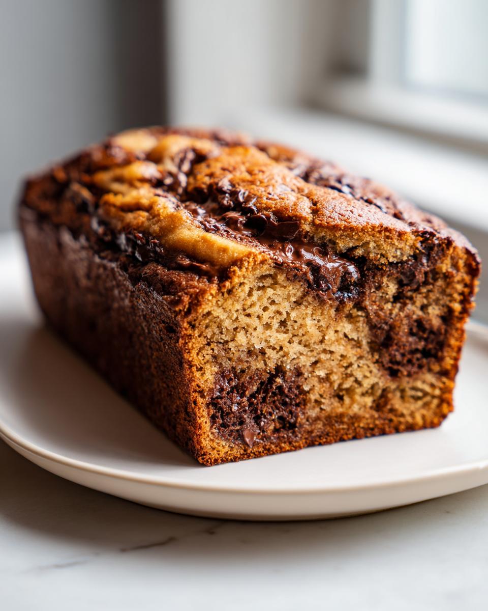 A freshly baked loaf of peanut butter banana bread with melted chocolate swirls, resting on a white plate.