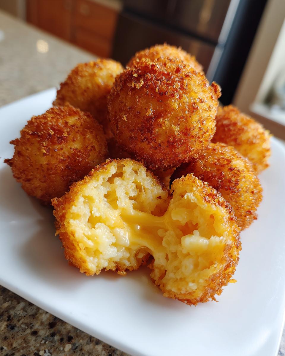 Close-up of golden brown fried mac and cheese balls, one broken open showing a gooey, melted cheese center.