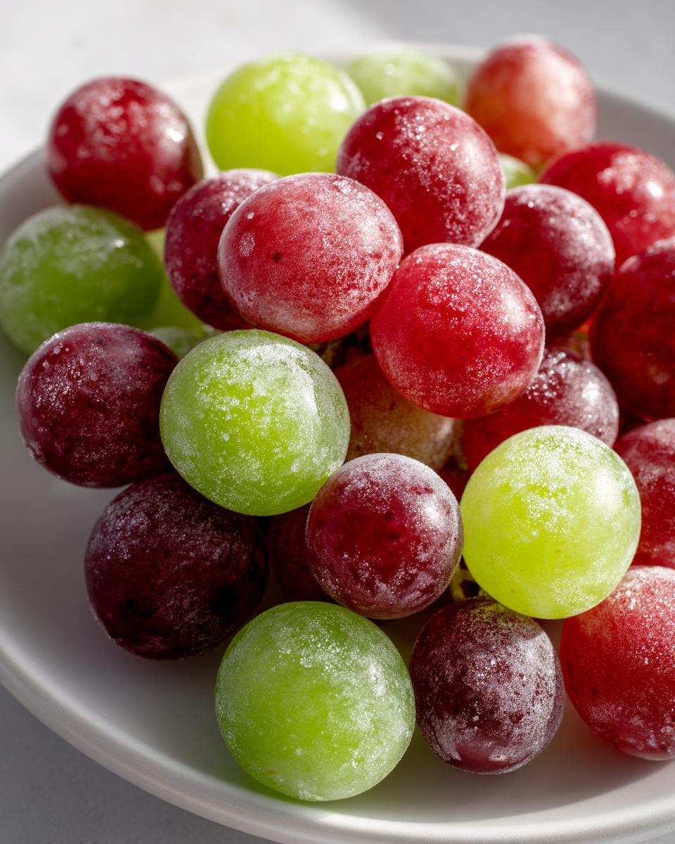 Close-up of red and green candy grapes coated in a light, frosty layer, piled on a white plate.