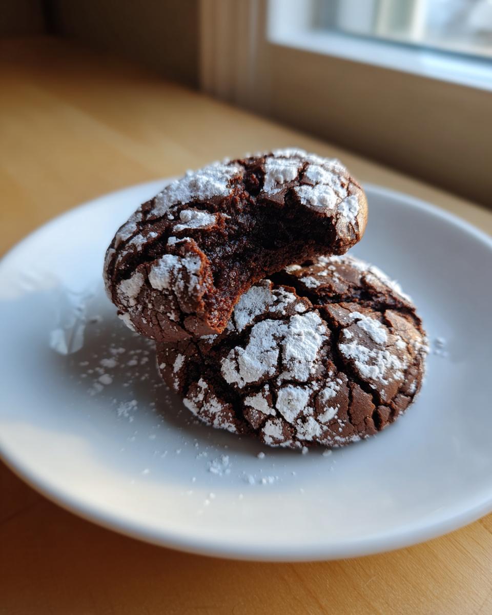 Close-up of two rich, dark chocolate crinkle cookies dusted heavily with powdered sugar on a white plate.