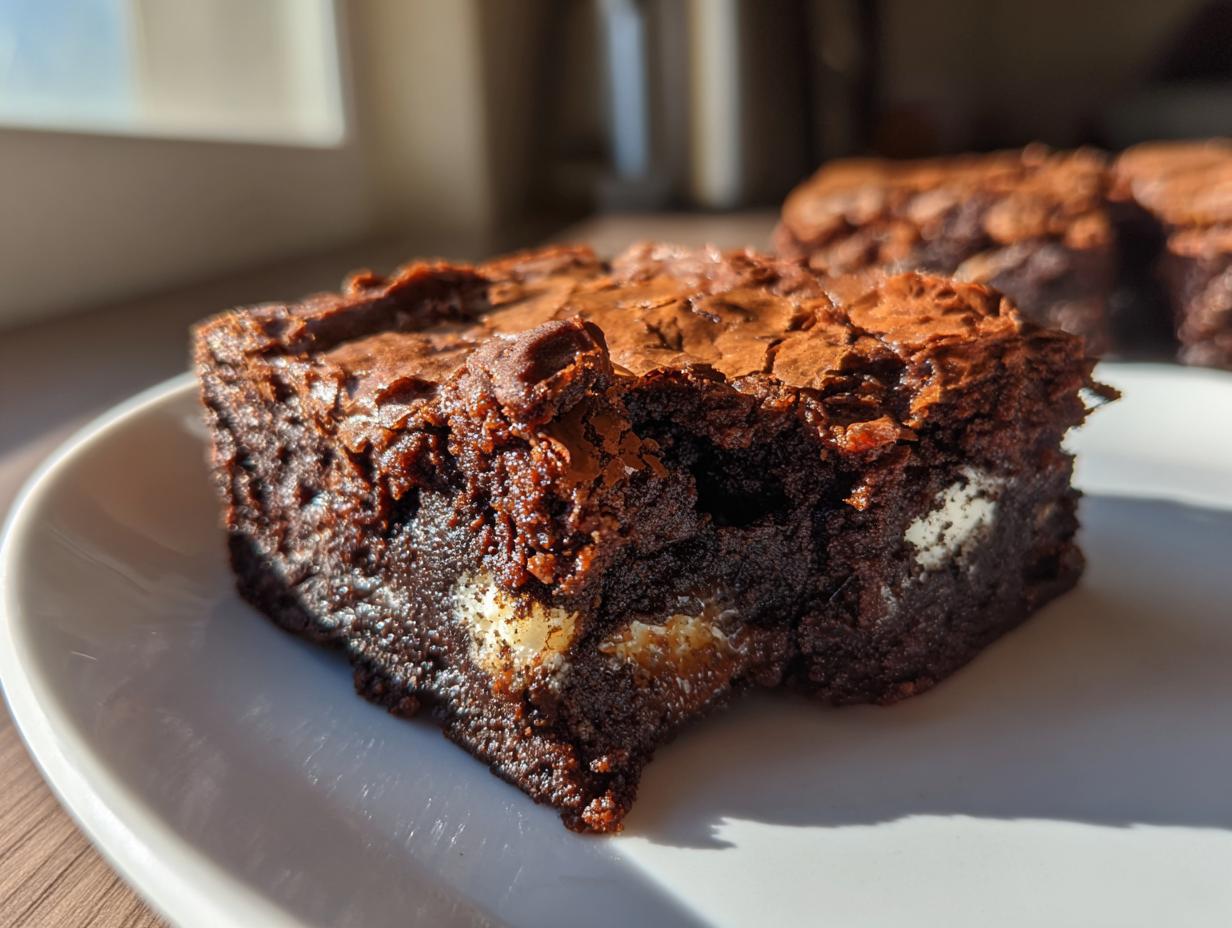A close-up of a fudgy Oreo brownie square showing white Oreo pieces inside and a shiny, crinkly top.