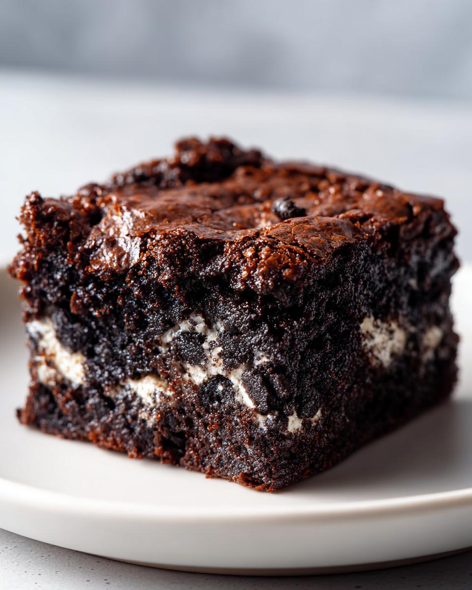 Close-up of a fudgy Oreo brownies square showing a rich dark chocolate texture and a white cream filling layer.
