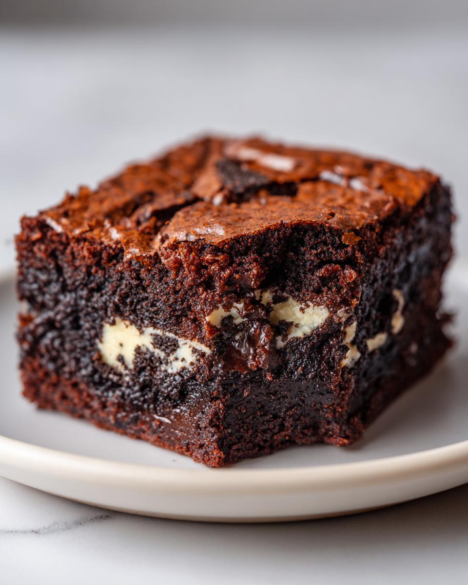 Close-up of a fudgy square of oreo brownies showing a rich dark chocolate texture and white cream filling chunks.