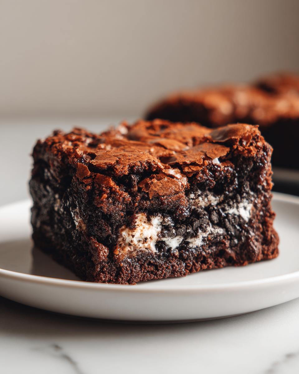 Close-up of a fudgy Oreo brownies square showing the rich chocolate texture and creamy white filling.