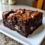 A close-up of a fudgy square of Oreo brownies showing the dark chocolate interior and white cookie pieces.
