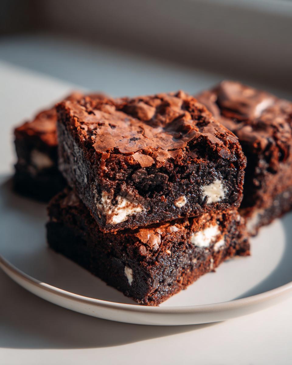 Close-up stack of fudgy Oreo brownies showing white cream filling chunks inside the dark chocolate base.