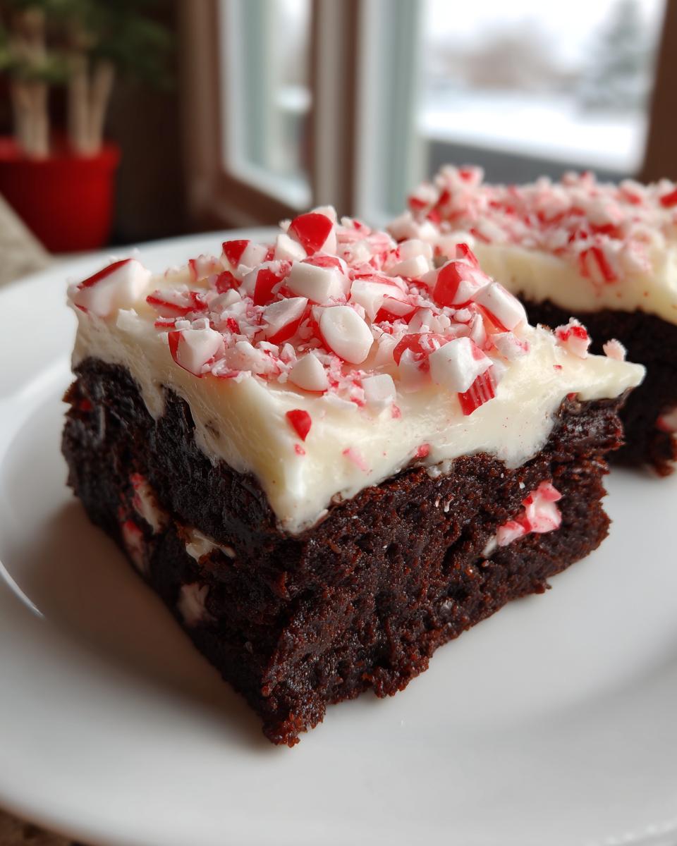 Close-up of two fudgy peppermint brownies topped with thick white frosting and crushed candy canes.