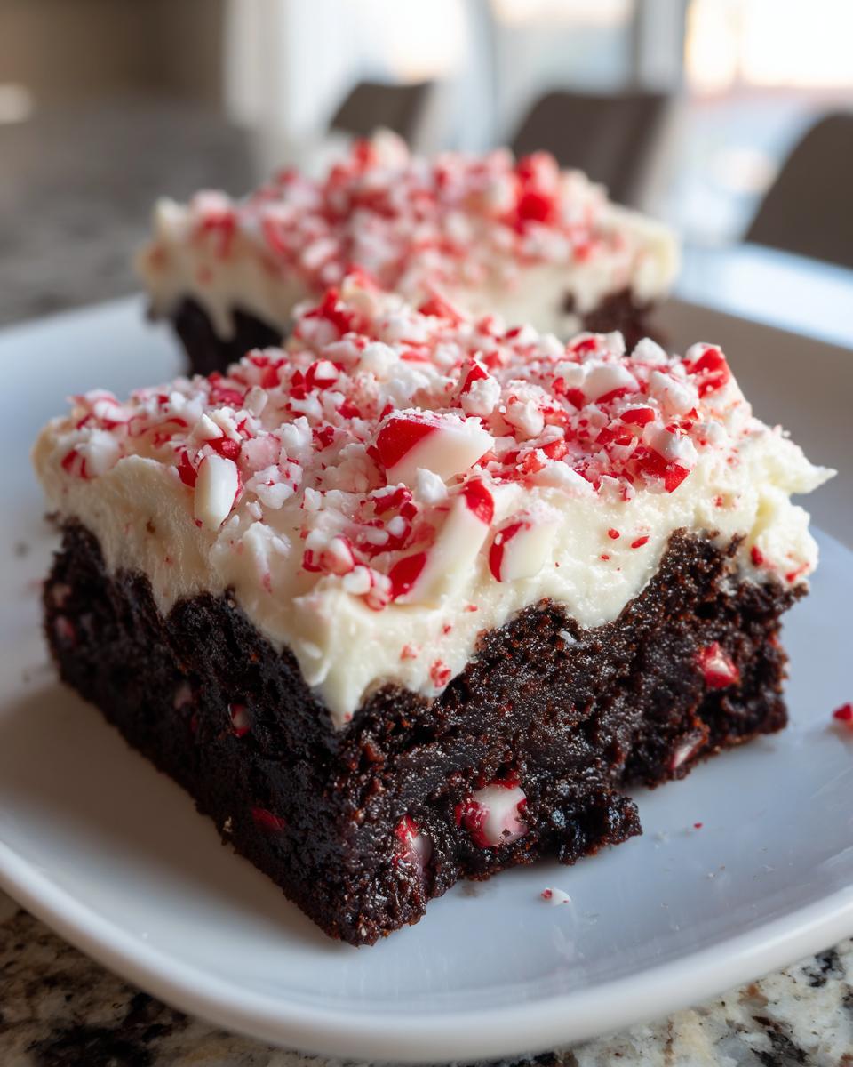 Close-up of a fudgy peppermint brownies slice topped with thick white frosting and crushed candy canes.