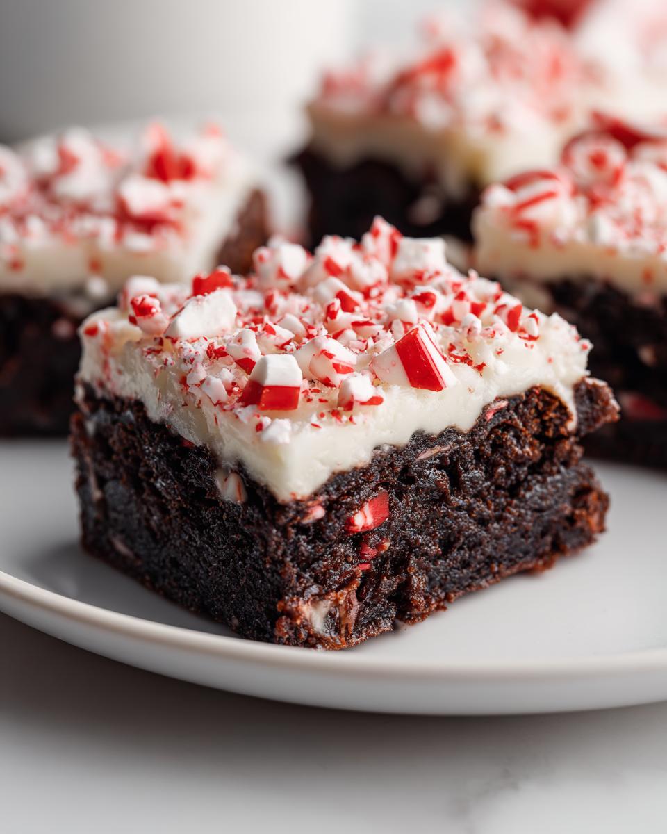 Close-up of a fudgy peppermint brownies square topped with white frosting and crushed candy canes.