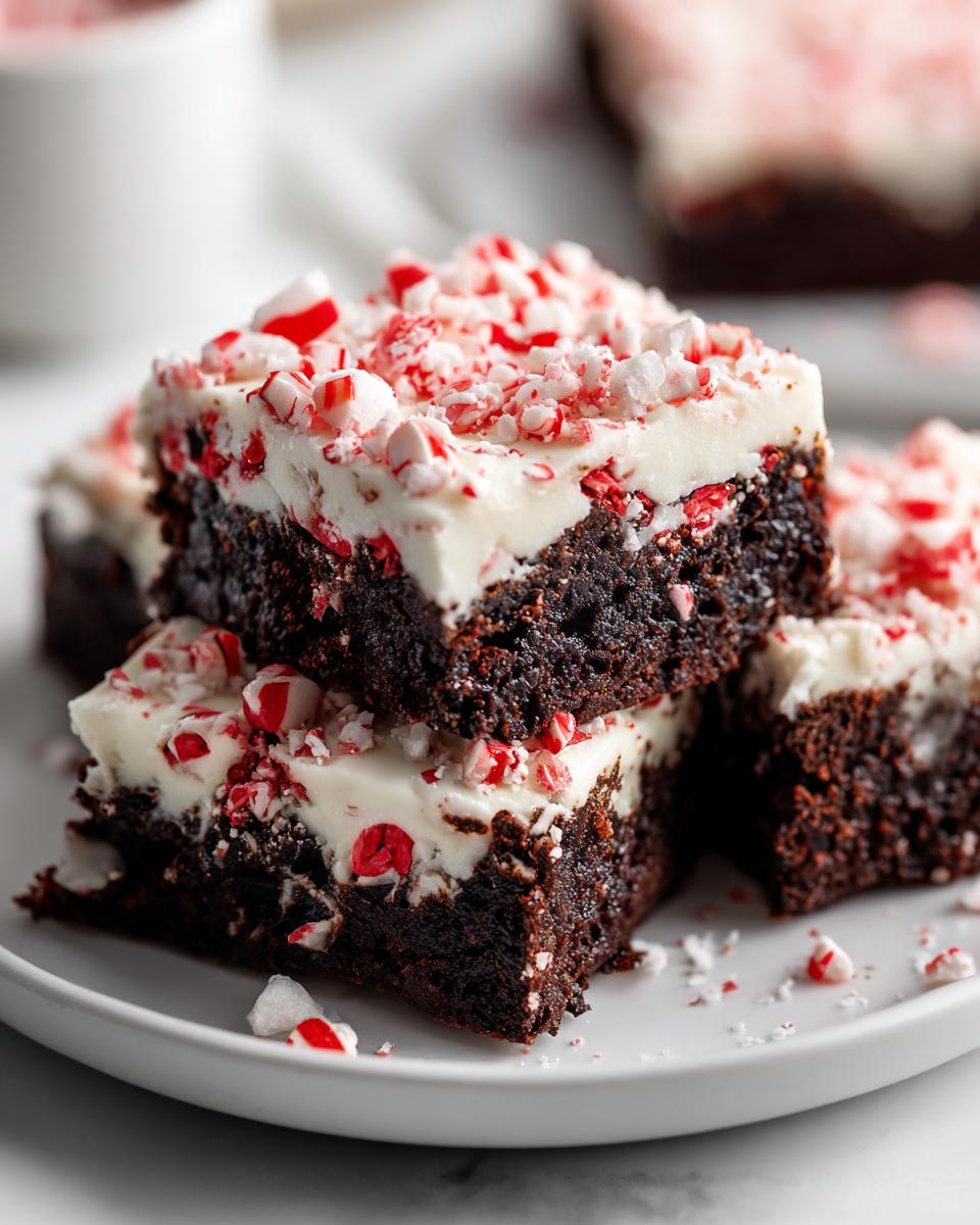 Close-up of stacked, fudgy peppermint brownies topped with white frosting and crushed candy canes.