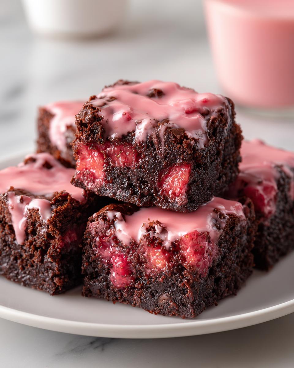 A stack of fudgy strawberry brownies featuring visible strawberry pieces and topped with a bright pink glaze.